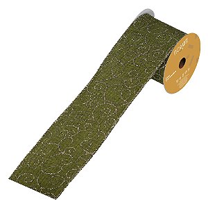 FITA ARAMADA LINHO C/ GLITTER VERDE CHAMPANHE BORDADO 9,14M