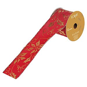 FITA ARAMADA C/FLOR LINHO C/COSTURA VERMELHO E DOURADO 9,14M