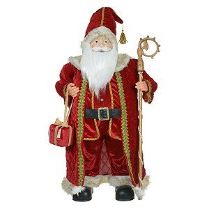 PAPAI NOEL NATAL EM PE COM CAJADO VERMELHO E DOURADO 30CM