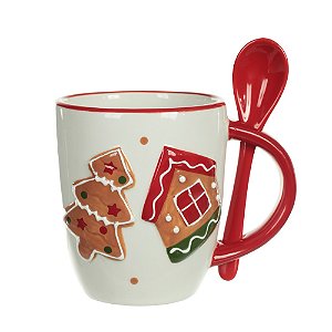 CANECA NATALINA BISCOITO DE GENGIBRE COM COLHER FLORARTE