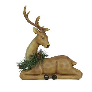 ESCULTURA RENA DEITADA DECOR COM GUIRLANDA 23CM FLORARTE