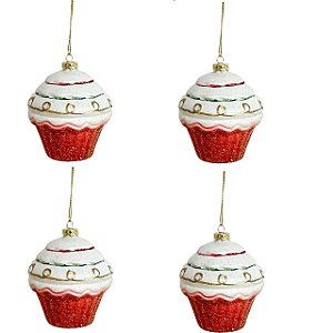 KIT 04 PÇS ENFEITE NATALINO P ARVORE CUPCAKE ESCARLATE 9.5CM