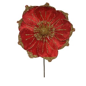 FLOR MAGNOLIA NATALINA VERMELHA COM GLITTER DOURADO 22CM