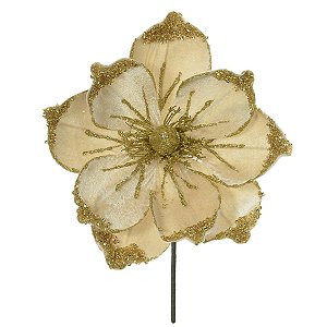 FLOR MAGNOLIA BEGE GLITTER DOURADO 22CM FLORARTE