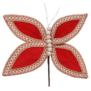 BORBOLETA AVELUDADO VERMELHO E BEGE 25CM FLORARTE