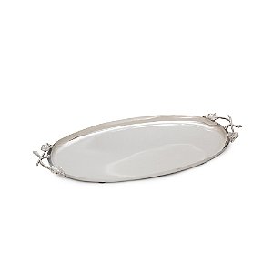 BANDEJA DE METAL DECORATIVA OVAL FLOR PRATA 46CM
