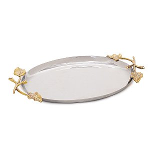 BANDEJA DECORATIVA EM METAL OVAL COM FLOR PRATA/OURO 27CM