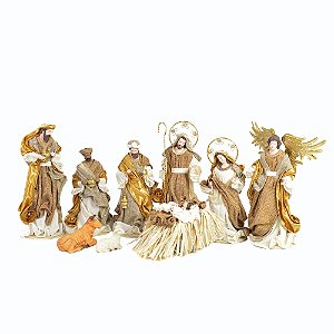 PRESEPIO NATALINO EM RESINA E TECIDO MRR/VDC/BCO 41cm C/9 PC