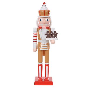 BONECO EM MADEIRA QUEBRA NOZES BEGE E VERMELHO 38X8,4CM