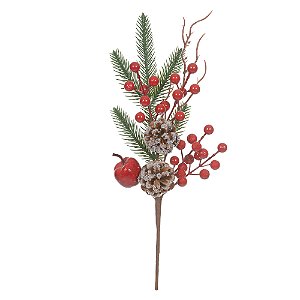 GALHO BERRY PINHA DOURADO COM VERMELHO 38CM FLORARTE
