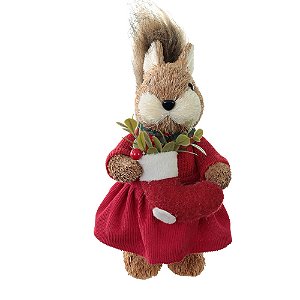 MENINA ESQUILO EM PE COM MEIA DE NATAL VERMELHA FLORARTE 23CM