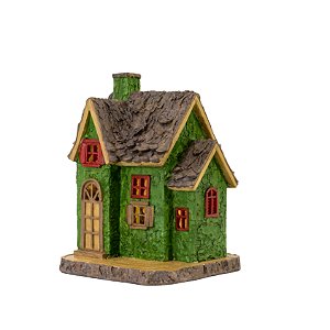 ENFEITE CABANA NATALINA VERDE RUSTICA COM LED EM RESINA