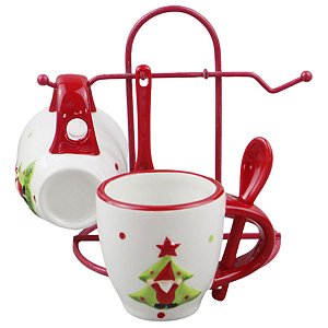 KIT 2 XICARAS NATALINAS EM CERAMICA COM SUPORTE  - 9CM