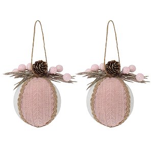 KIT DUAS BOLAS NATALINAS ROSA E BRANCA COM PINHA - 14CM