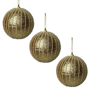 TRIO DE BOLAS NATALINAS DECORADA DOURADA - 10CM