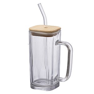 CANECA VIDRO TAMPA BAMBU CANUDO GRAFFIATO 290 ML HAUSKRAFT