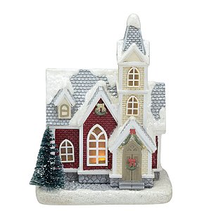 CASA NATALINA EM RESINA COLORIDA COM LUZ DE LED 15CM