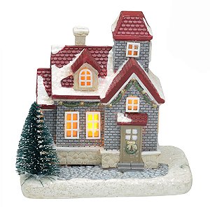 CASA NATALINA EM RESINA CINZA E VERMELHA COM LUZ DE LED 11CM
