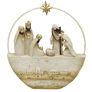 ESCULTURA PRESEPIO EM RESINA BEGE E DOURADA 25CM