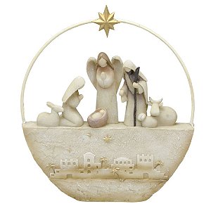 ESCULTURA SAGRADA FAMILIA  EM RESINA  BEGE E DOURADO 25CM