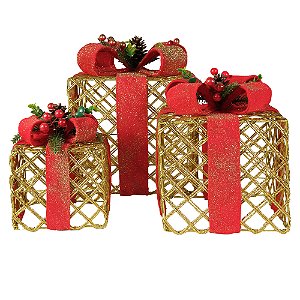 CONJUNTO 3 CAIXAS PRESENTES DECOR 25CM DOURADO VERMELHO