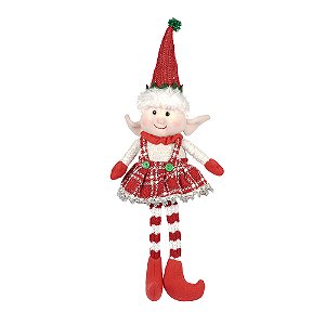 BONECO ELFO NATAL SENTADO VERMELHO E BRANCO FLORARTE 50CM