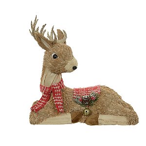 RENA NATAL SENTADA PALHA COM CACHECOL VERMELHO 34CM FLORARTE