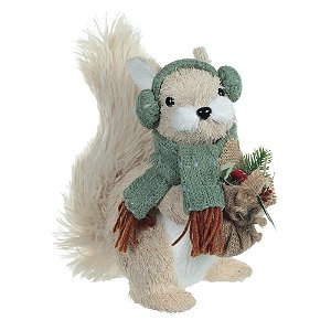 ESQUILO NATAL EM PE SISAL COM CACHECOL VERDE BEGE 23cm