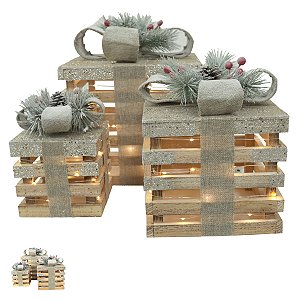 TRIO DE CAIXAS DE PRESENTES DECOR BEGE CHAMPANHE COM LED