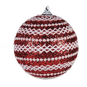 JG 2 BOLA DECORADA NATALINA PVC COR VERMELHA E BRANCA 10CM