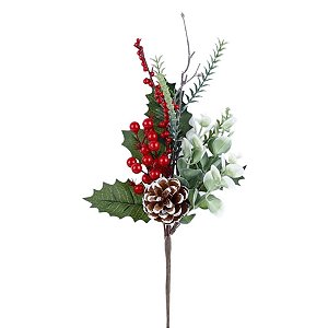 GALHO BERRY DECORATIVO VERMELHO COM PINHA - 34CM
