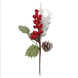 GALHO BERRY NATALINO COM PINHA VERMELHO E BRANCO - 30CM