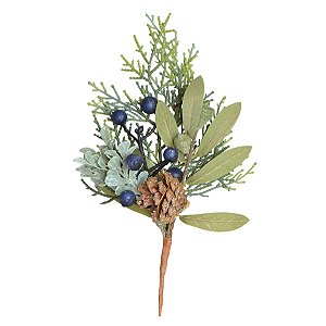 GALHO BERRY NATALINO COM BOLINHAS AZUL E PINHA 25CM