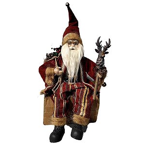 PAPAI NOEL SENTADO COM CAJADO DE RENA E PRESENTES - 45CM