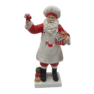 ESCULTURA PAPAI NOEL COZINHEIRO COM AVENTAL EM RESINA 34CM