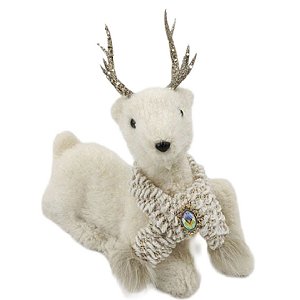 RENA NATALINA DECORATIVA DEITADA COM CACHECOL CREME - 28CM