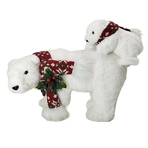 URSO DECORATIVO COM FILHOTE BRANCO COM CACHECOL VRM - 40CM