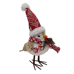 PASSARO NATALINO COM TOCA E CACHECOL VERMELHO - 16CM