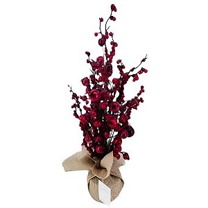 MINI ARVORE DECORATIVA COM FLORES VERMELHA E BASE JUTA 50CM