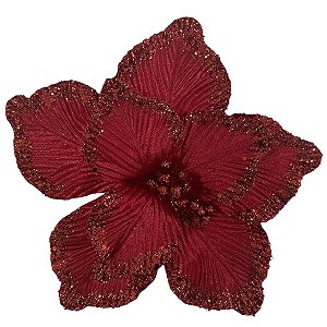 FLOR POINSETIA NATALINA DECORATIVA VERMELHA COM GLITTER - 25CM