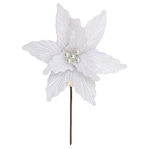 FLOR POINSETIA DECORATIVA BRANCA COM PEROLAS - 40CM