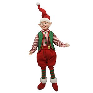 BONECO DUENDE EM PE COM CAMISA LISTRADA E CHAPEU VERM - 45CM