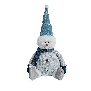 BONECO DE NEVE DECORATIVO SENTADO COM CACHECOL AZUL - 33CM