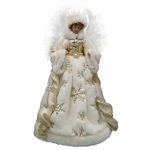 ANJO EM RESINA  PONTEIRA DECORATIVO DOURADO E CREME- 46CM