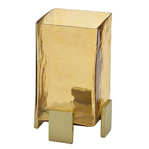 VASO CANDELABRO DECORATIVO EM AÇO INOX E VIDRO DOURADO 23,5CM