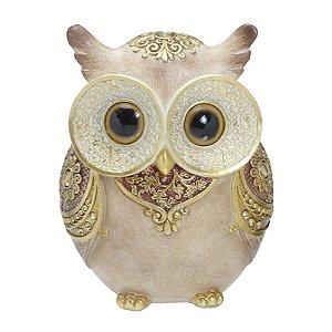 ESCULTURA CORUJA DECORATIVA EM RESINA BEGE E DOURADA 17,5CM