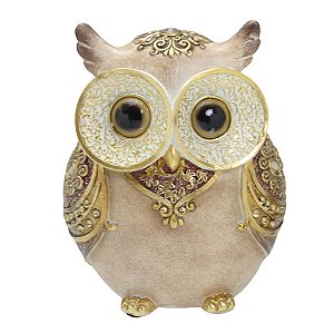 ESCULTURA CORUJA DECORATIVA EM RESINA  BEGE E DOURADO 14CM