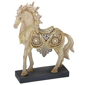 ESCULTURA CAVALO DECORATIVO EM RESINA BEGE E DOURADO 28,5CM