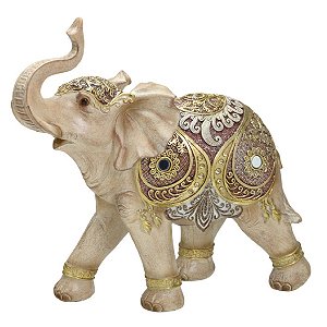 ESCULTURA ELEFANTE DECORATIVO EM RESINA BEGE E DOURADO 30CM