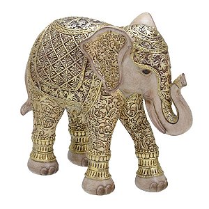 ESCULTURA ELEFANTE DECORATIVO EM RESINA NAS DOURADO E MARROM 15,5CM